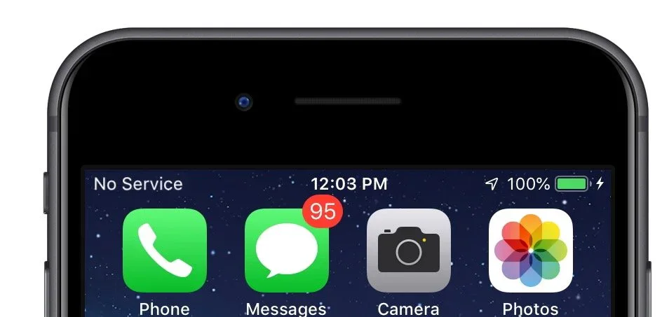 Close-up of an iPhone status bar reporting No Service