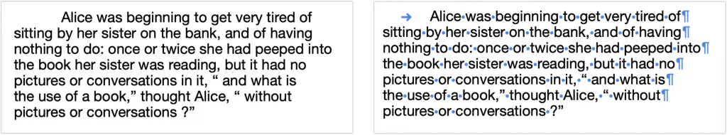 Two text documents comparing hidden and visible formatting marks