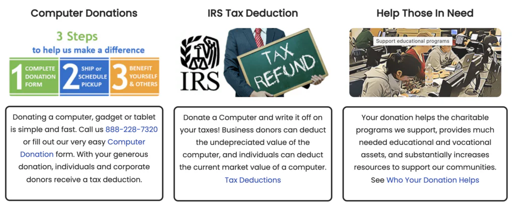 screenshot showing Computer Donations 3 Steps to help us make a difference