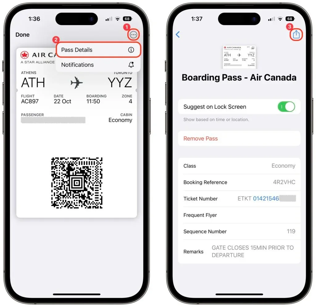 Two iPhone Wallet screens showing an airline boarding pass and its sharing menu