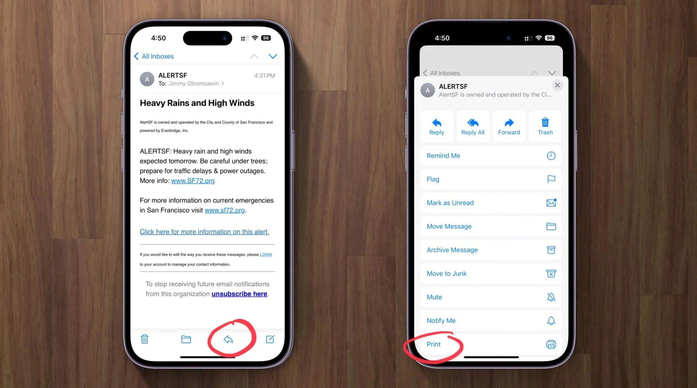 Apple device screenshot showing ‹ All Inboxes ALERTSF To: Jimmy Obomsawin >