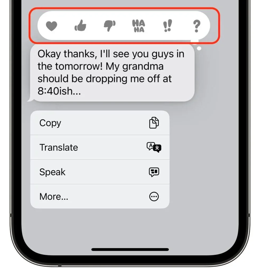 Expanded Tapback reaction choices above an iPhone message