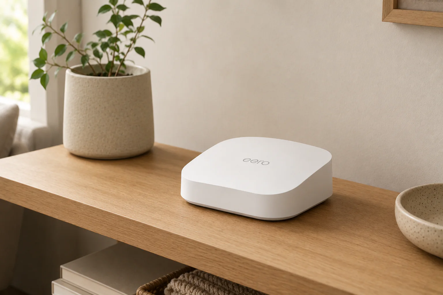 A white Eero mesh Wi-Fi router on a wooden shelf in a home