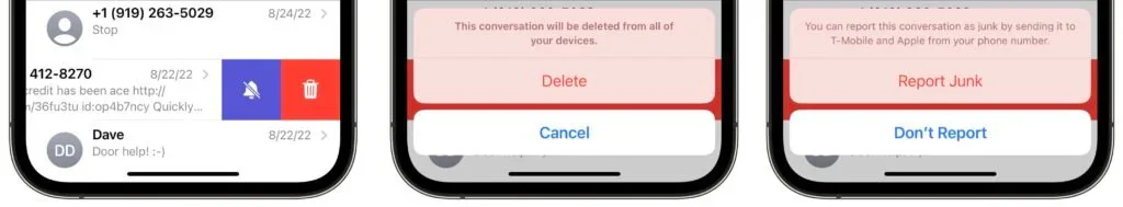 iPhone prompts for reporting a message as junk