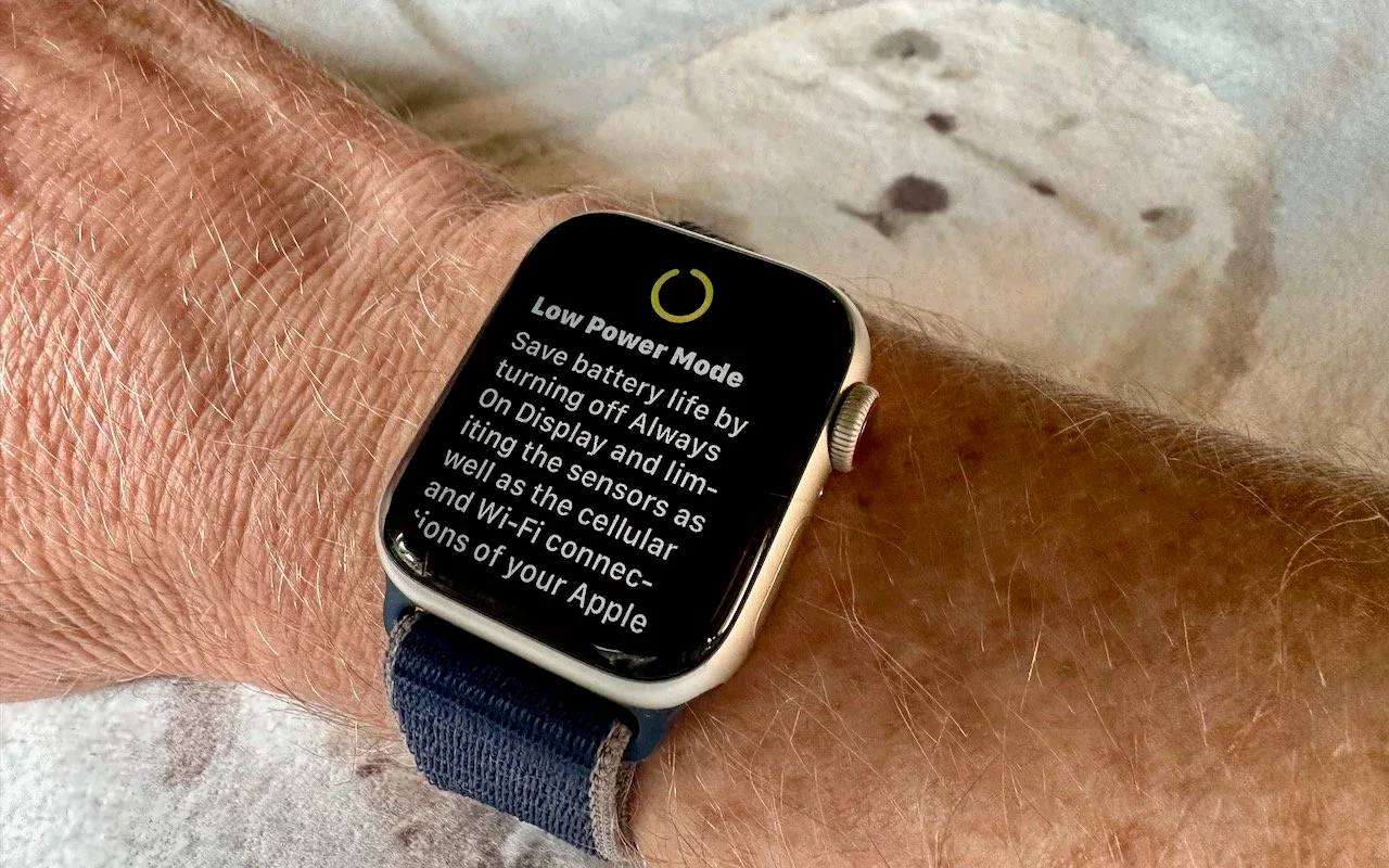 Apple Watch screenshot showing Low Power Mode Save battery life by turning off Always