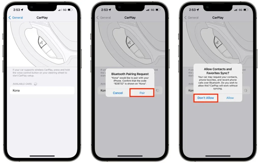 Three iPhone screens showing the steps to forget a rental car Bluetooth connection
