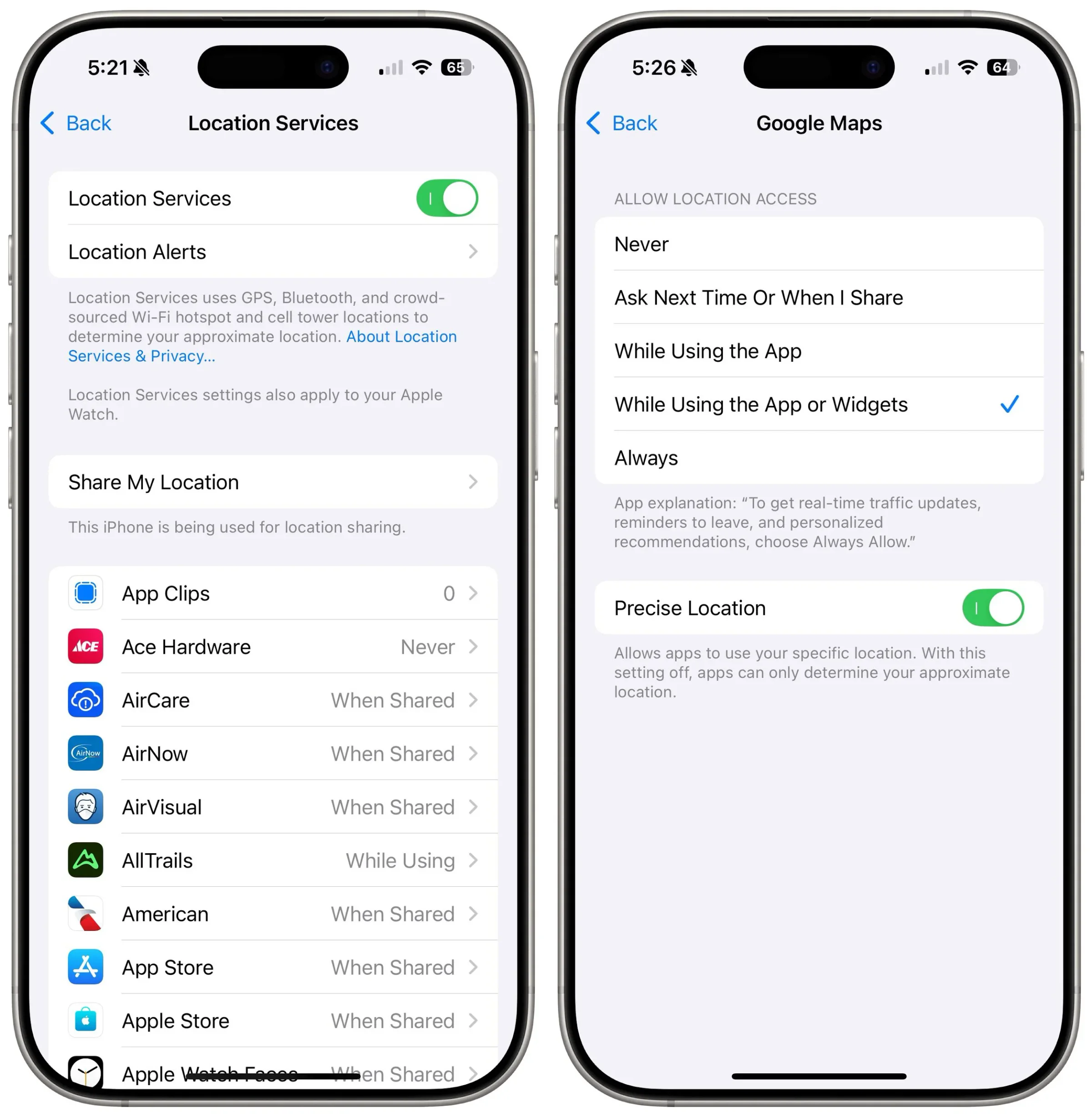 iPhone Location Services screens showing per-app location permissions and Precise Location