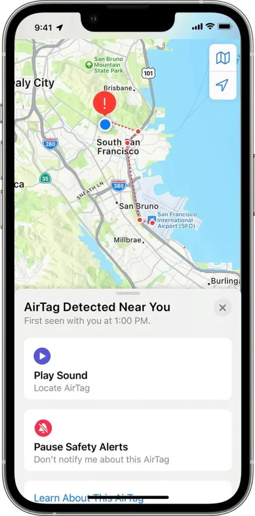 iPhone Find My map showing an AirTag detected near the user