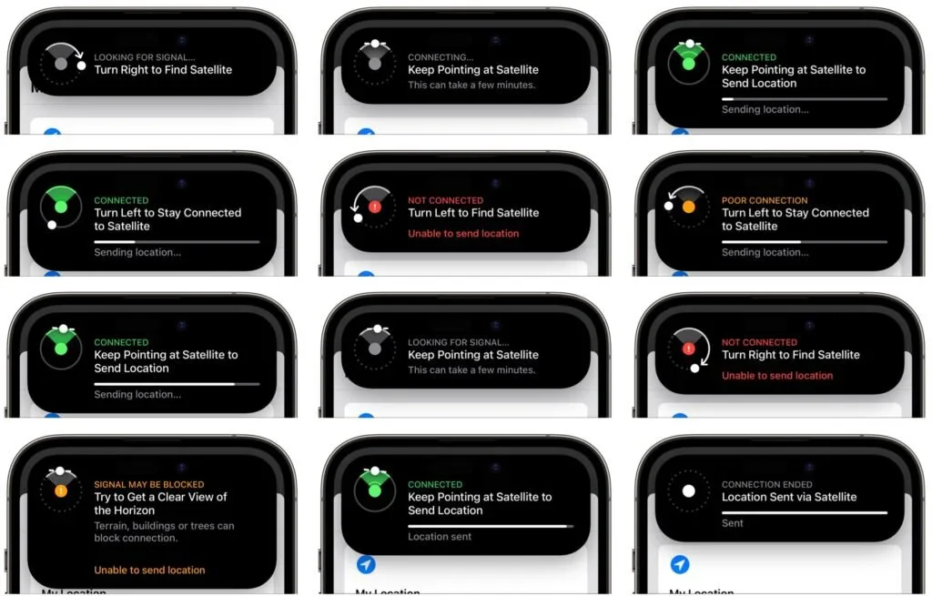 Examples of iPhone satellite connection status messages