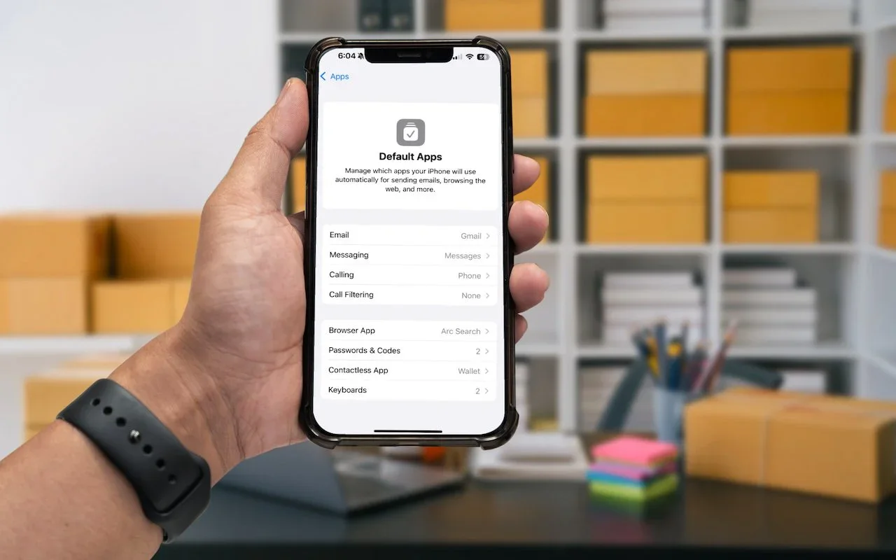 Apple device screenshot showing < Apps Default Apps Manage which apps your iPhone will use