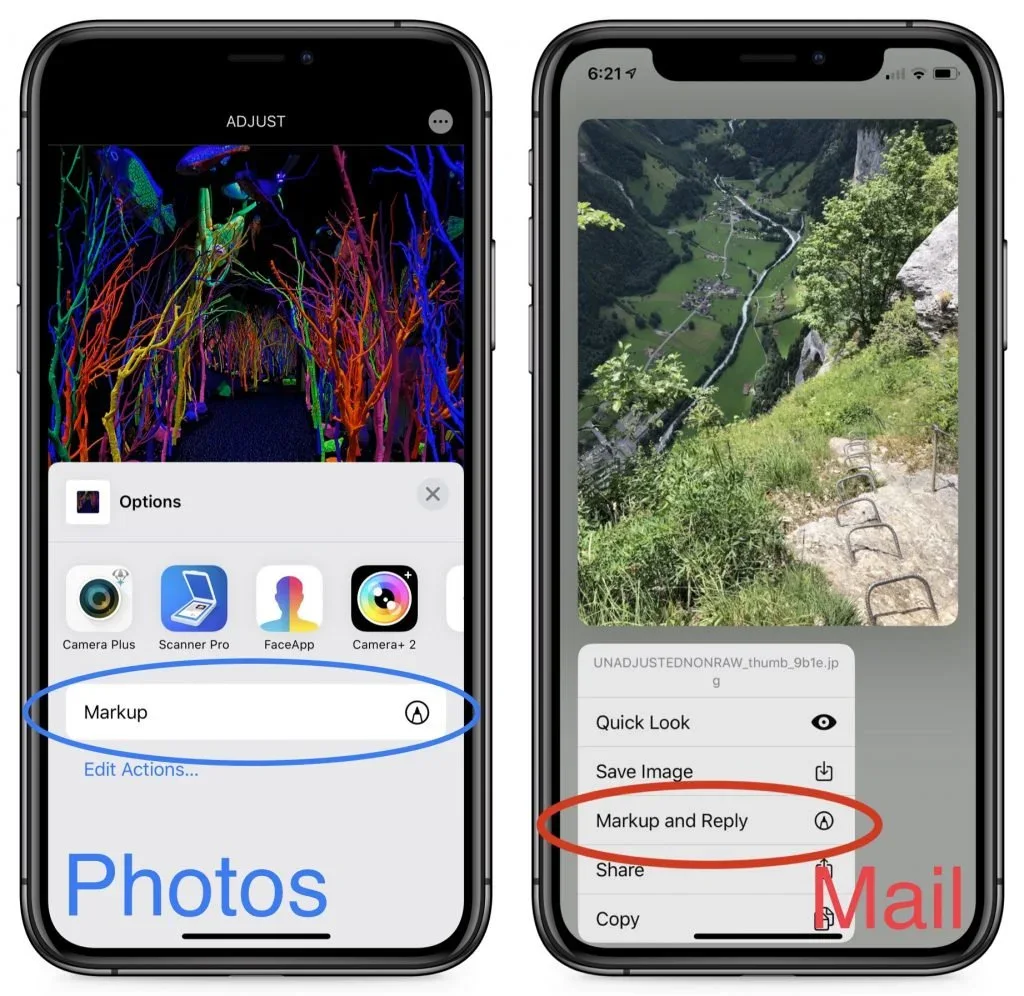 iPhone Share sheets in Photos and Mail with the Markup action highlighted