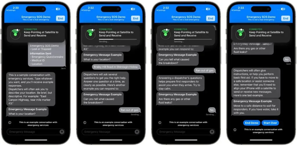 iPhone Emergency SOS demo showing a satellite connection and sample messages