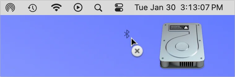 Mac menu bar with a Bluetooth icon being dragged off onto the desktop
