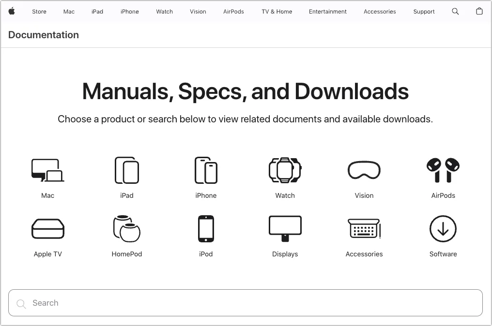 Apple Documentation website listing manuals, specifications, and downloads by device