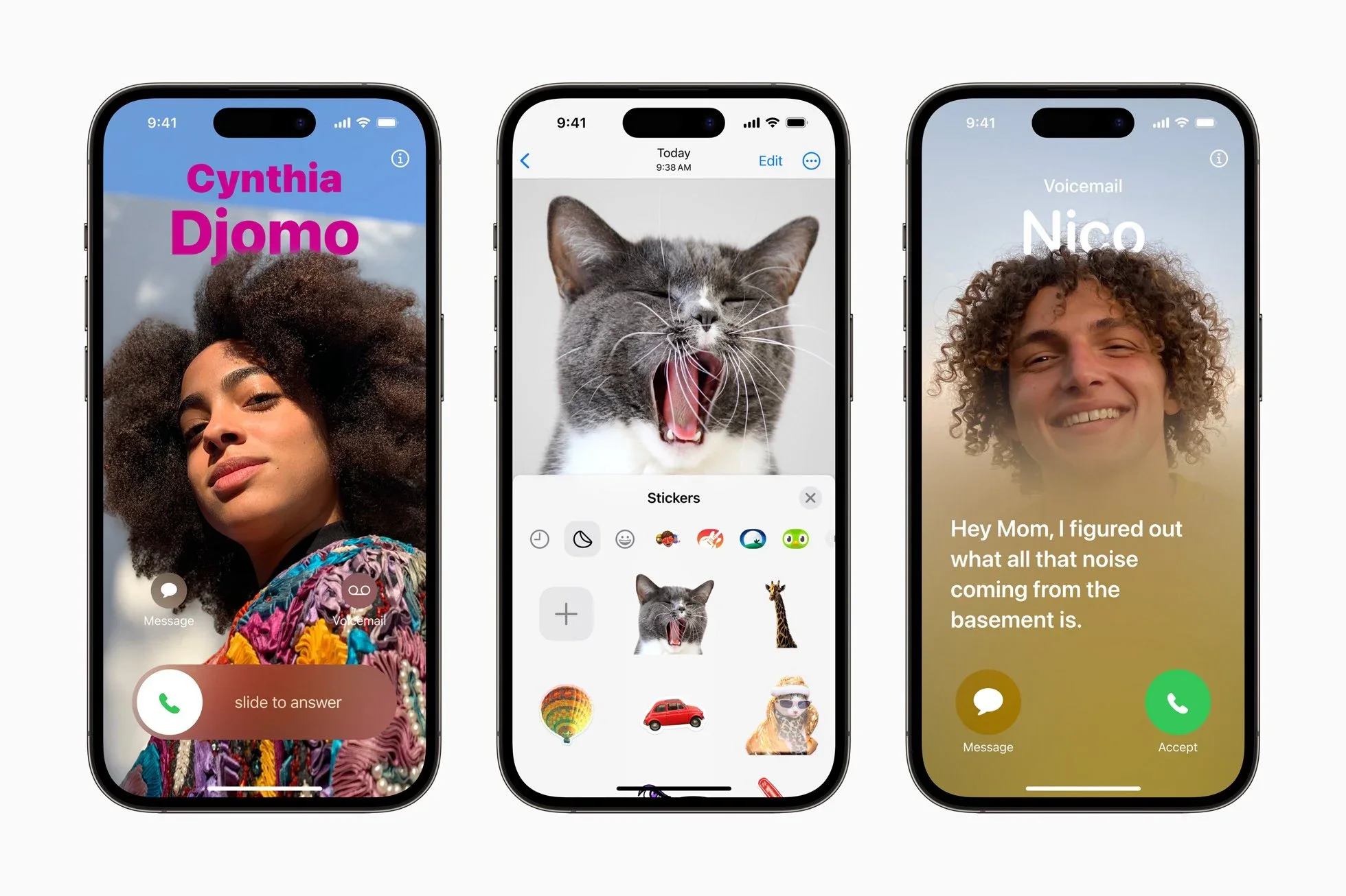 Three iPhones demonstrating iOS 17 Contact Posters and NameDrop