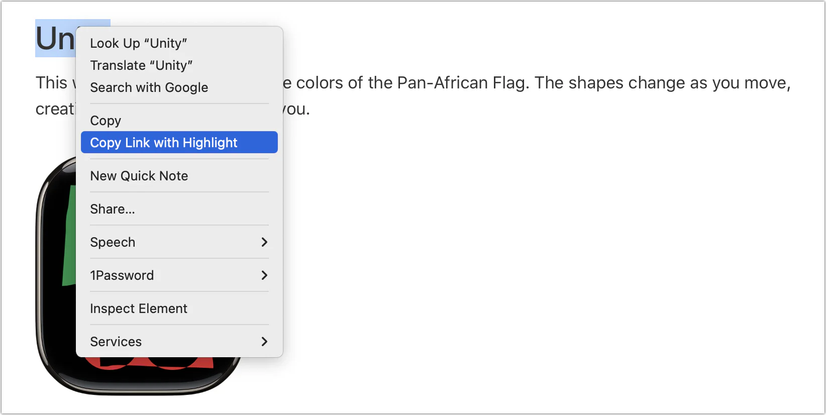 Browser context menu with Copy Link with Highlight selected for highlighted text