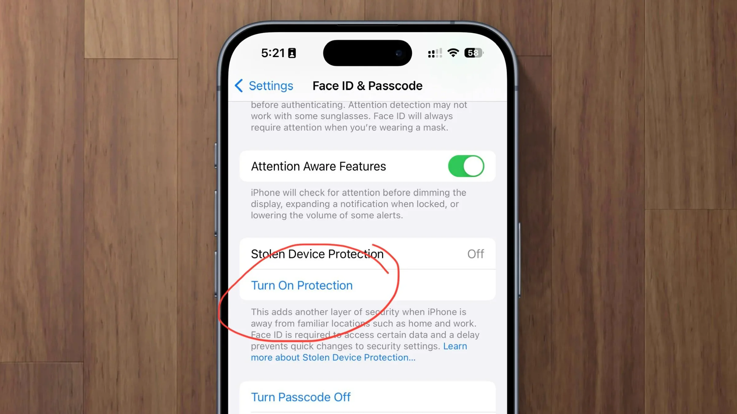 iPhone Face ID and Passcode settings with Stolen Device Protection highlighted