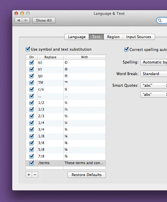screenshot showing Language & Text Show All Language