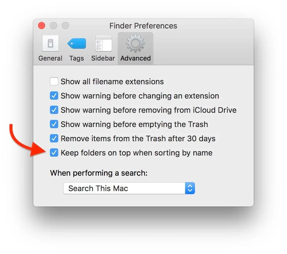 Finder Advanced preferences with Keep folders on top when sorting by name selected
