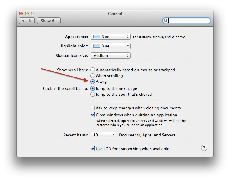 Mac General preferences with the Show scroll bars options visible