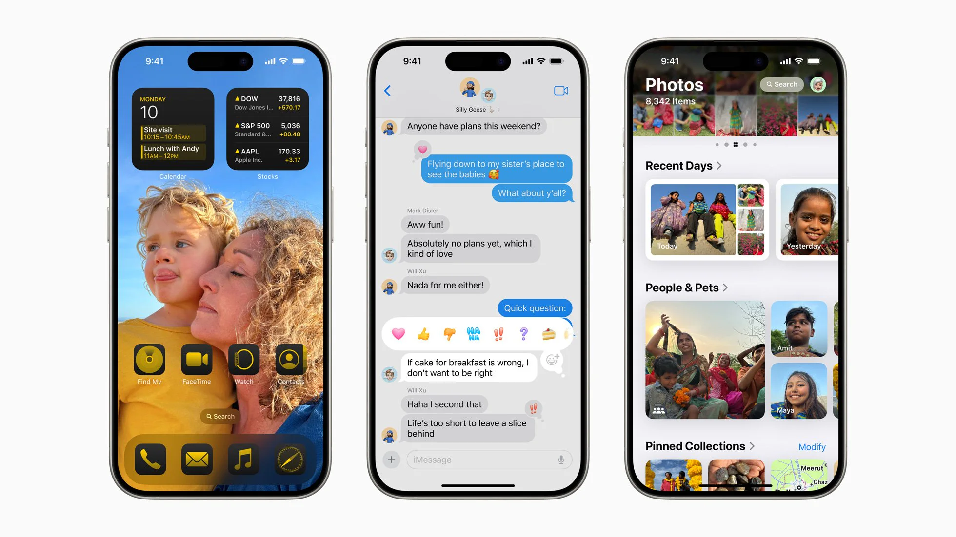 Three iPhones highlighting the redesigned Home Screen, Messages, and Photos in iOS 18