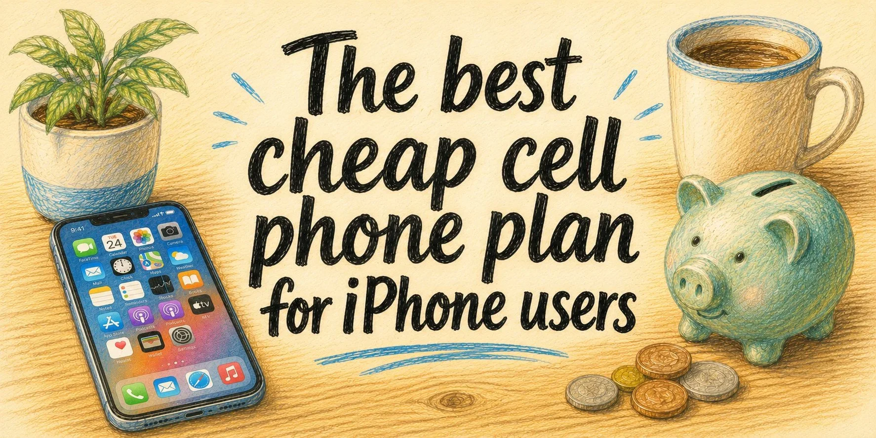 A colored pencil sketch of an iPhone and a piggy bank with a stack of coins on a table. The caption reads "The best cheap cell phone plan for iPhone users"