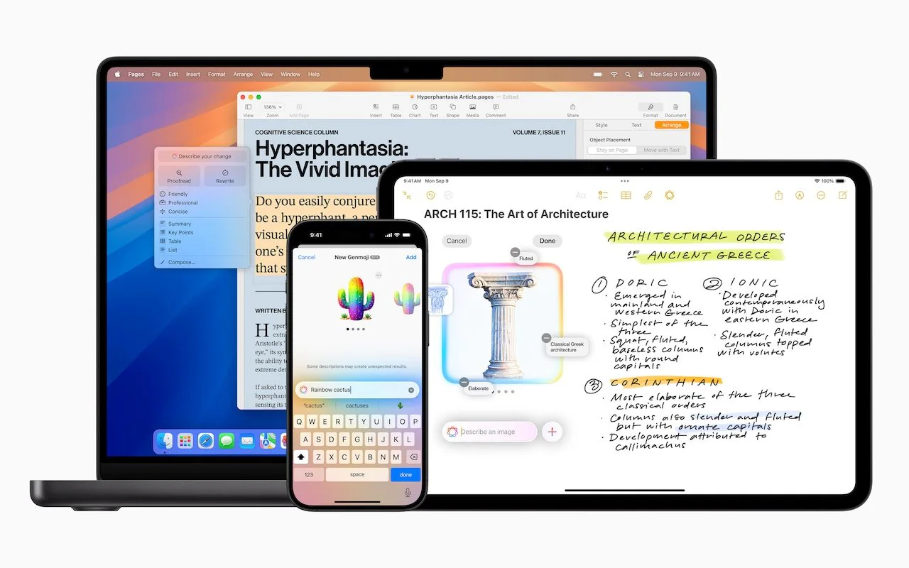 A MacBook, iPad, and iPhone displaying Apple Intelligence features
