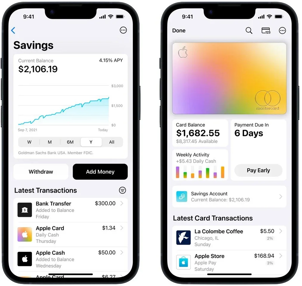 Two iPhone Wallet screens showing Apple Savings balances and transactions