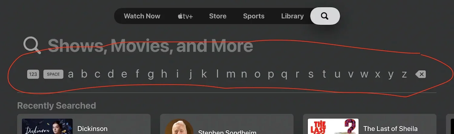 Apple TV search screen using the linear keyboard layout