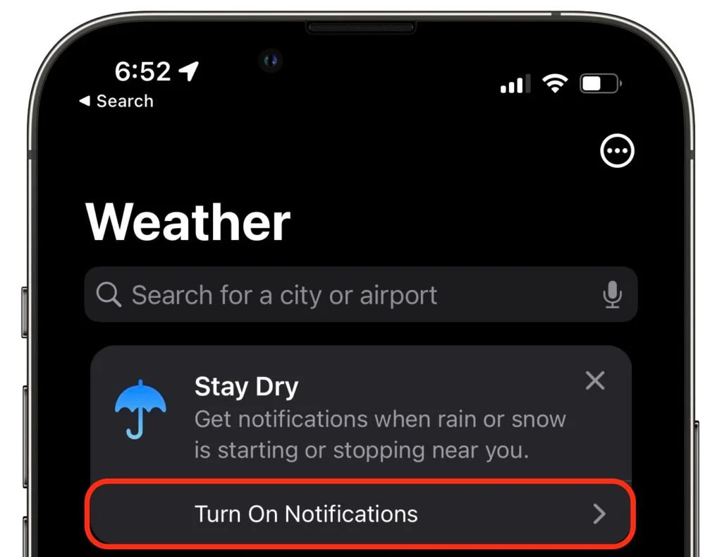 iPhone Weather app offering notifications when rain or snow starts or stops