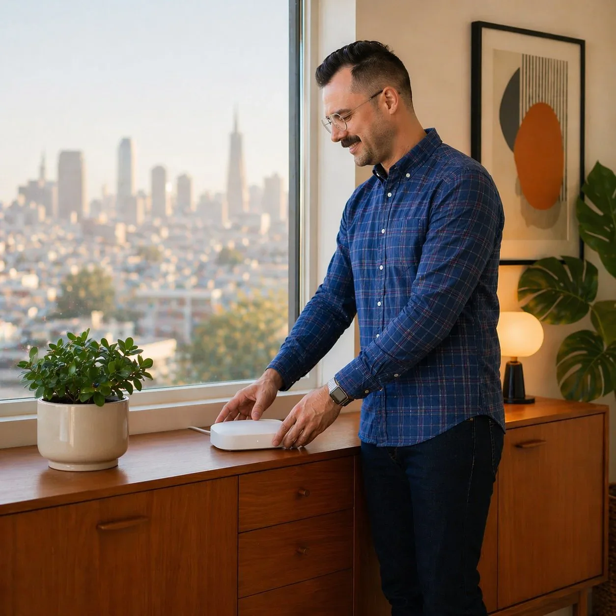 A man standing by a large window with a city skyline in the background, holding a white electronic device on a wooden table, next to a potted plant and a framed abstract art piece.