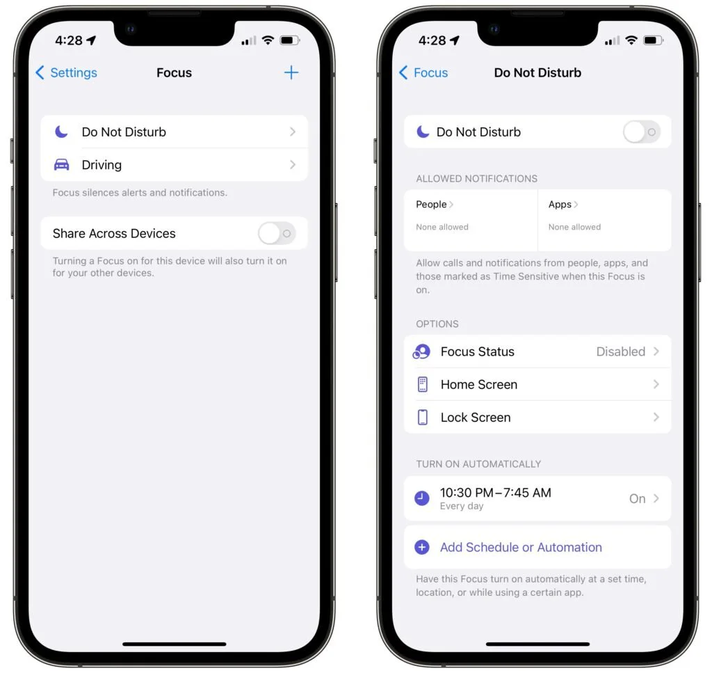 Two iPhone Focus screens showing Do Not Disturb settings