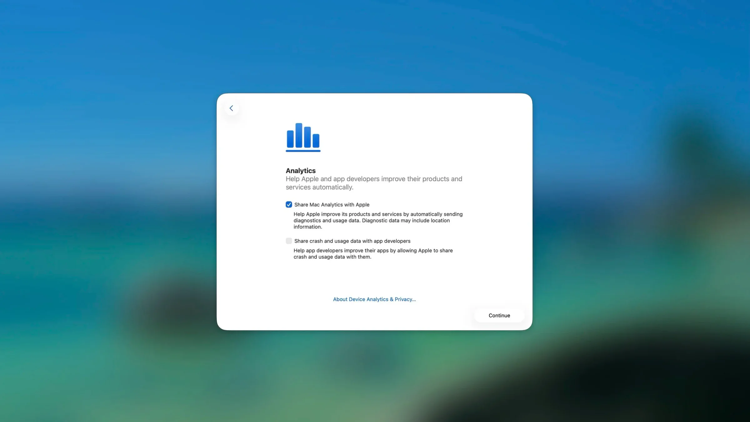 Screenshot of Apple device settings for sharing analytics and diagnostics data, with options to share Mac Analytics and crash data, and a Continue button.