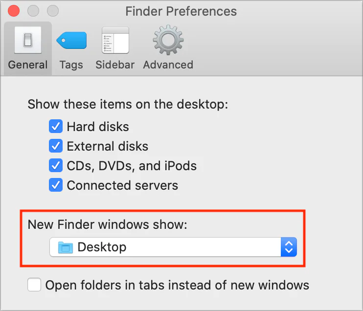 Finder preferences showing Desktop selected for new Finder windows