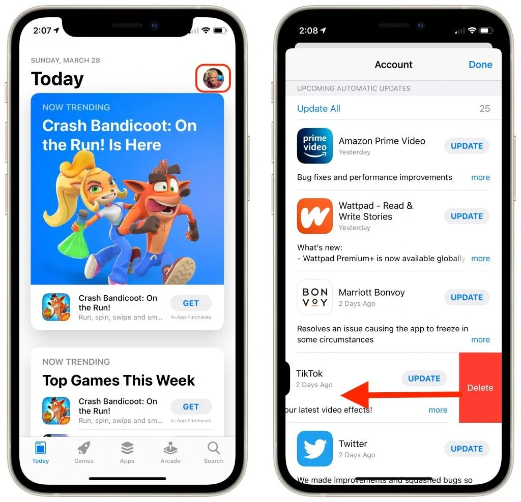 iPhone App Store screens showing the account menu and pending app updates