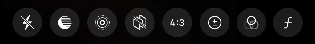 iPhone Camera control strip with flash, Night mode, Live Photos, aspect ratio, exposure, timer, filters, and depth buttons