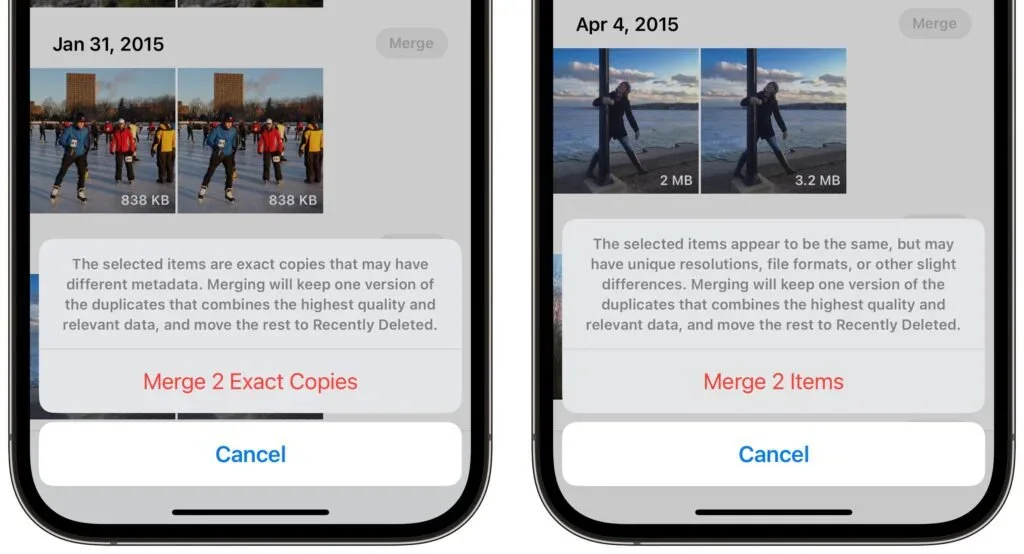 Two iPhone dialogs for merging duplicate photos with different metadata