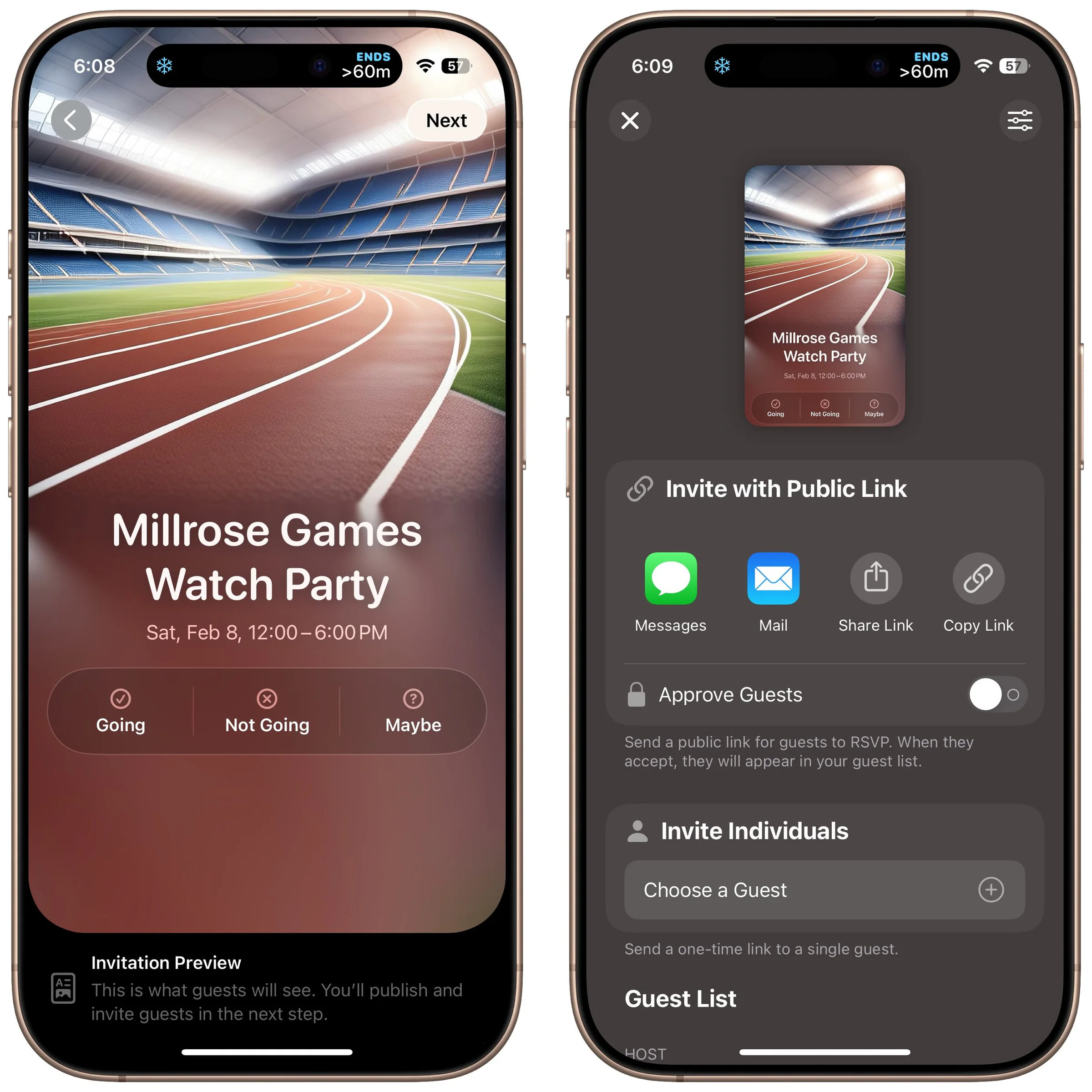 Two iPhones showing an Apple Invites event and its invitation details