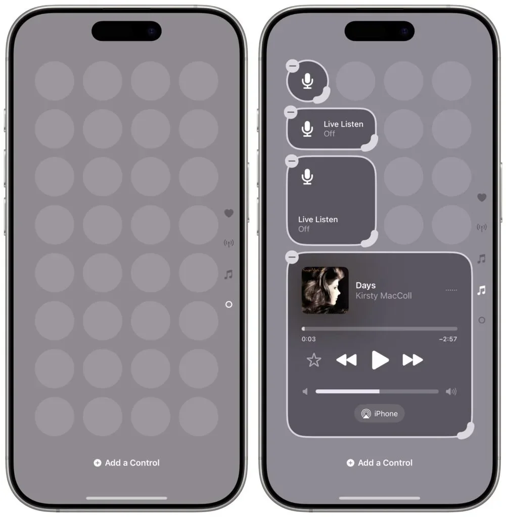 Two iPhone screens showing Control Center pages and resizable controls