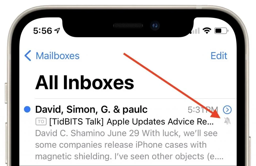 iPhone Mail inbox with the swipe action for muting a conversation