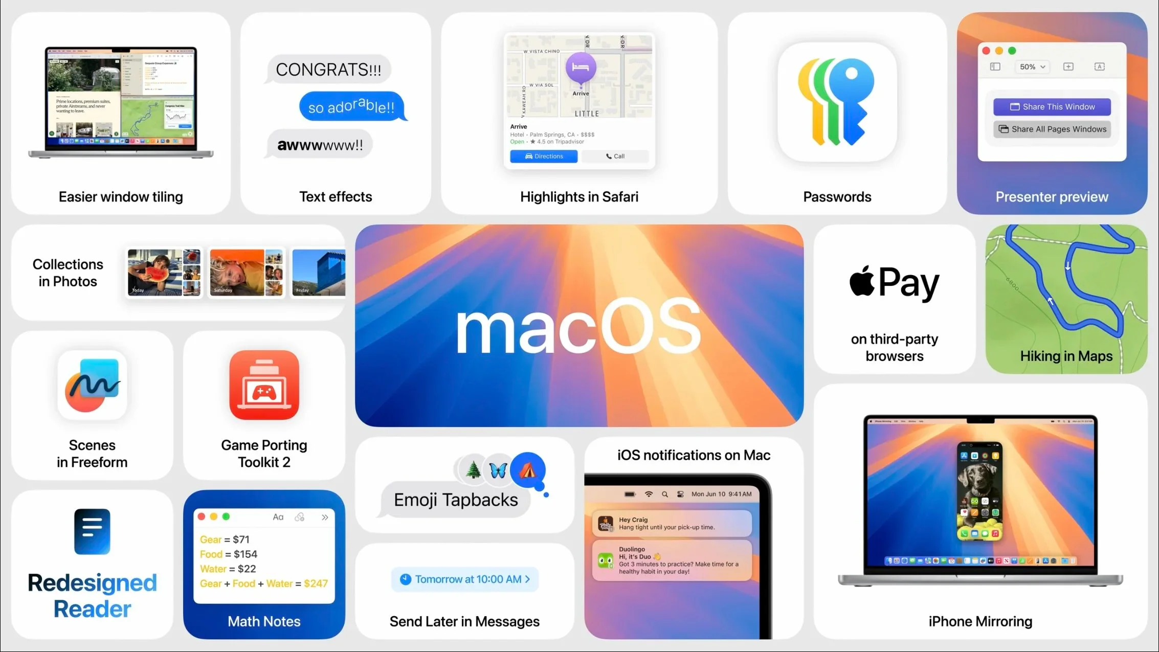 Overview of new macOS Sequoia features including window tiling, Passwords, Presenter Preview, and iPhone Mirroring