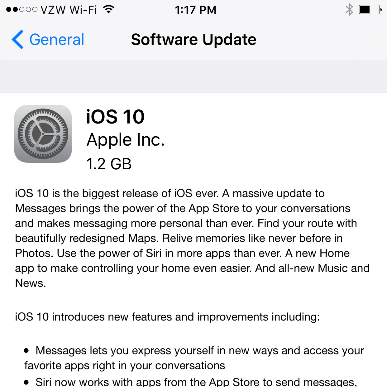 iPhone Software Update screen describing iOS 10