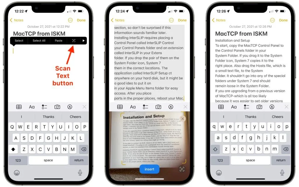 Three iPhones showing Live Text recognition, selection, and copying