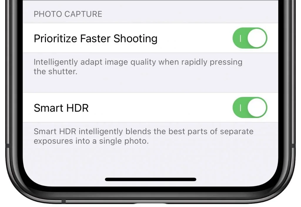 iPhone Camera settings with Prioritize Faster Shooting and Smart HDR enabled