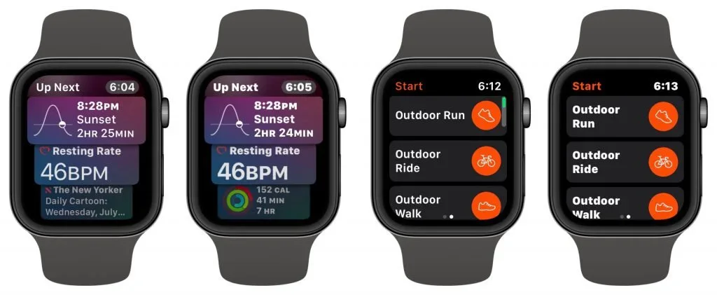 Apple Watches showing several text-size and bold-text settings