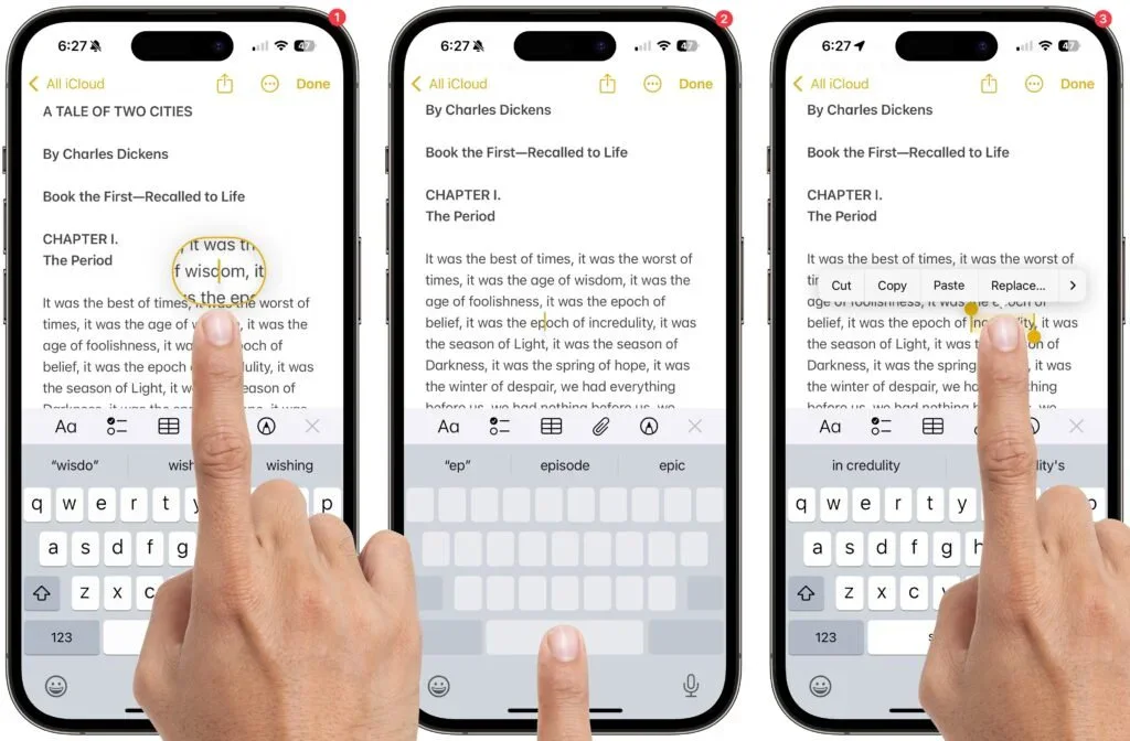 Three iPhones demonstrating text selection and cursor-dragging gestures