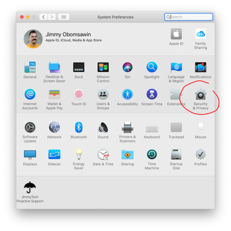 Mac screenshot showing System Preferences Q Search Jimmy Obomsawin