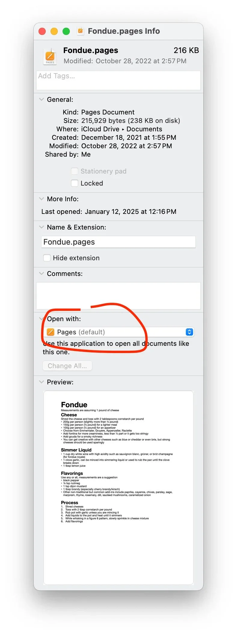 Mac Get Info panel with the Open with app and Change All button highlighted