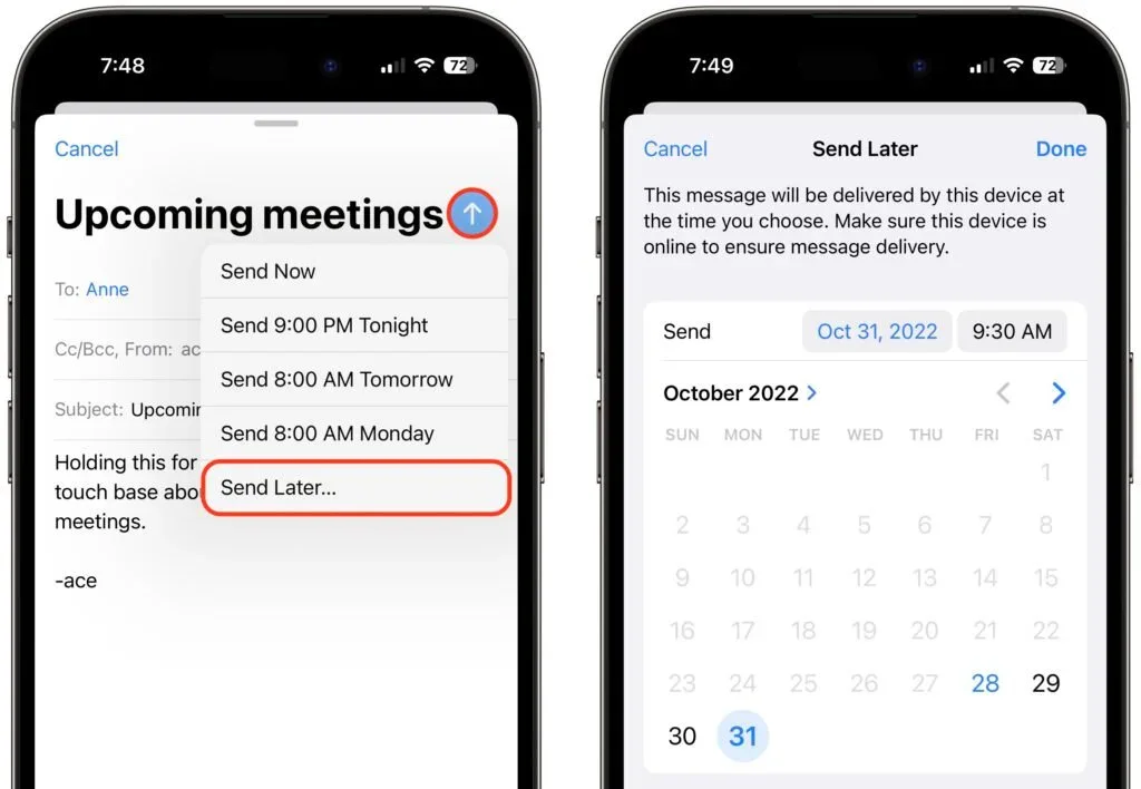 Apple device screenshot showing Upcoming meetings Send Now To: Anne