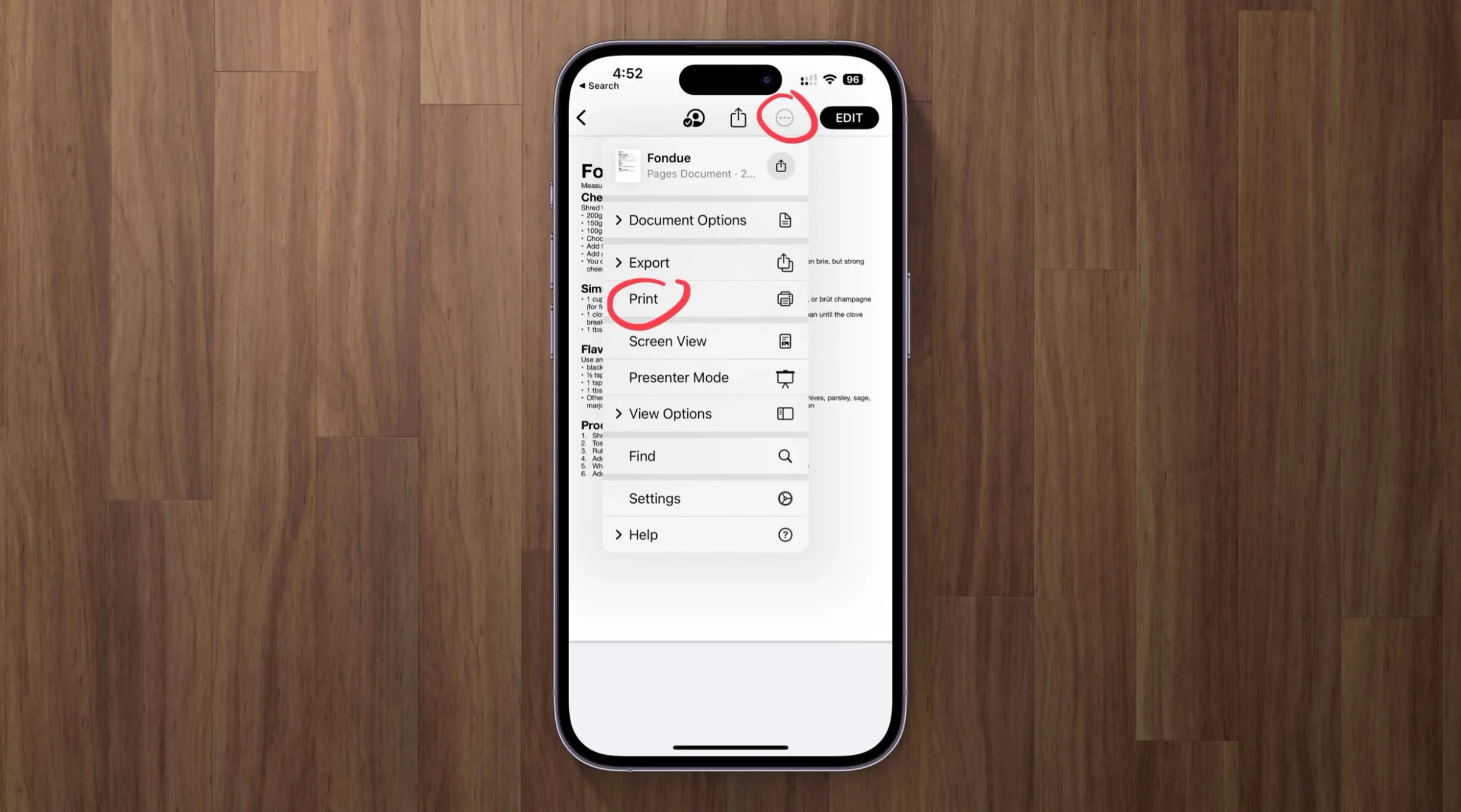 Apple device screenshot showing • Search Fondue Pages Document • 2